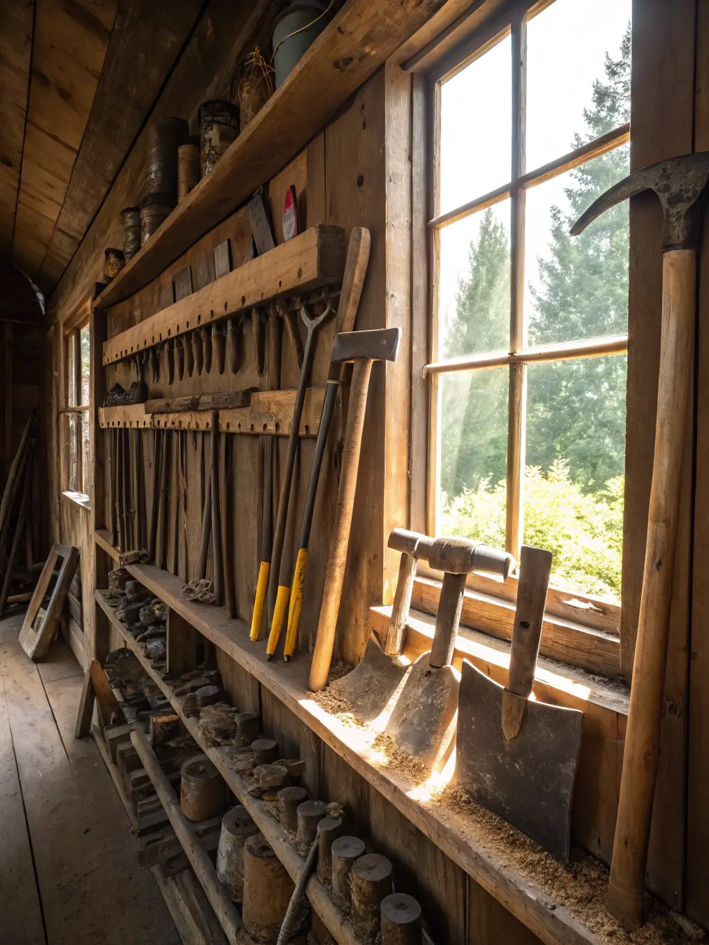 A professionally lit display case featuring a collection of traditional tools and implements used in Ussel's historical industries, such as woodworking and agriculture, with descriptive labels.