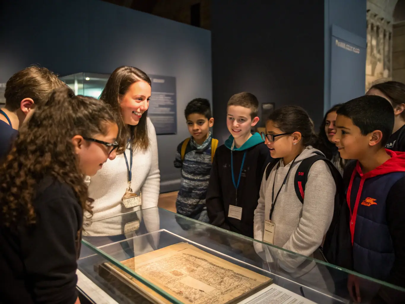 A group of local students participating in a historical workshop at the SOC ARCHIVES HISTORIQUES MUSEE USSEL, examining old documents and artifacts under the guidance of a museum educator.