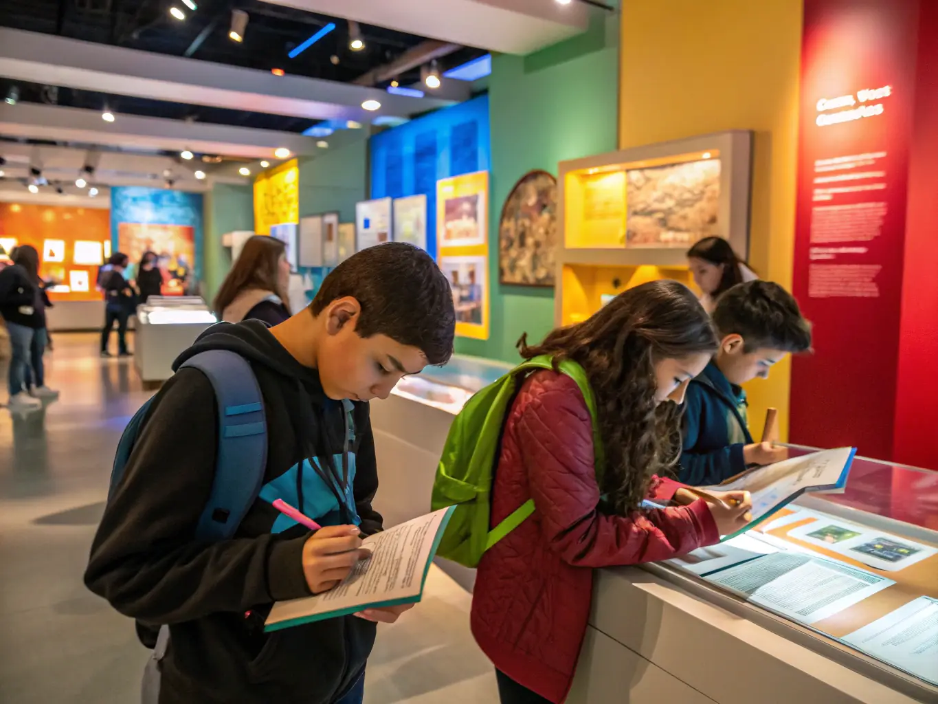 A photograph of a group of children participating in an interactive history workshop at the SOC ARCHIVES HISTORIQUES MUSEE USSEL, with a museum educator guiding them through historical artifacts.