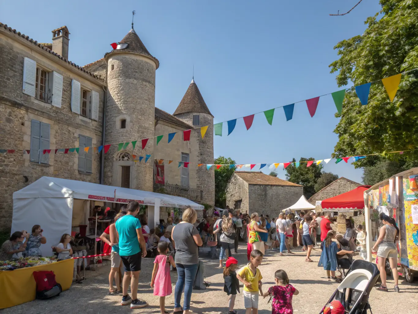 A photograph of a community event taking place at the SOC ARCHIVES HISTORIQUES MUSEE USSEL, with local residents participating in a historical reenactment and celebrating Ussel's cultural heritage.