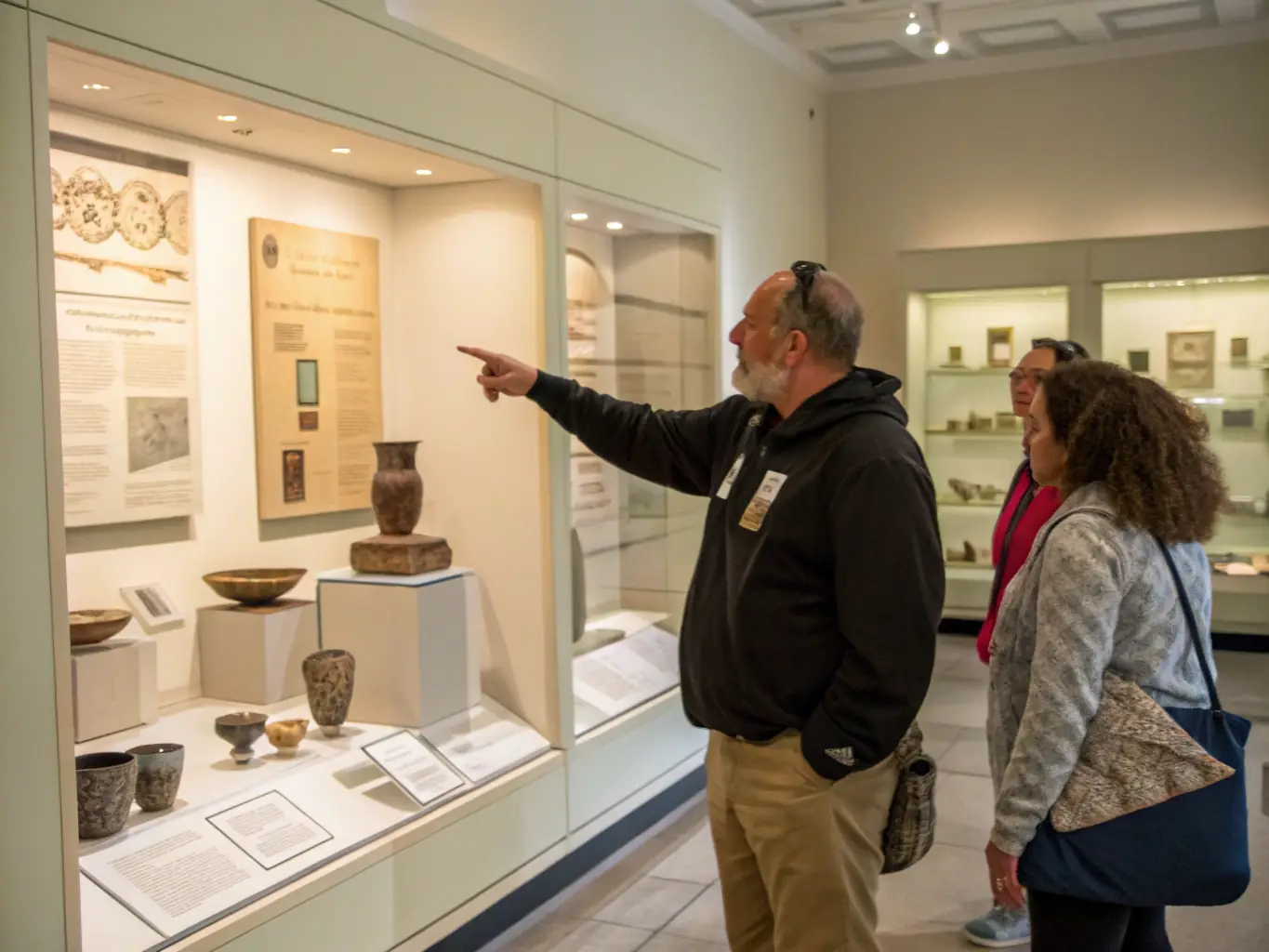 A photograph of visitors attending a guided tour of a special exhibition at the SOC ARCHIVES HISTORIQUES MUSEE USSEL, with a knowledgeable guide sharing insights about the historical artifacts on display.