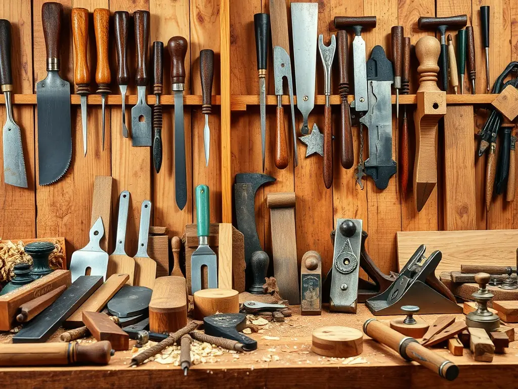 A photograph of an exhibit featuring tools and equipment used in traditional Ussel trades and crafts.